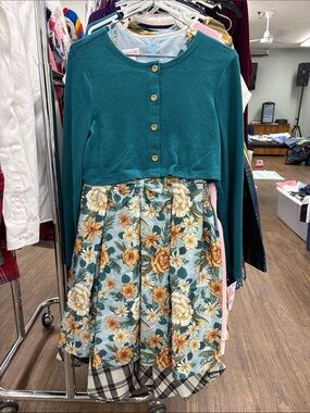 Bonnie Jean Teal Cardigan with Floral Blue and Yellow Dress